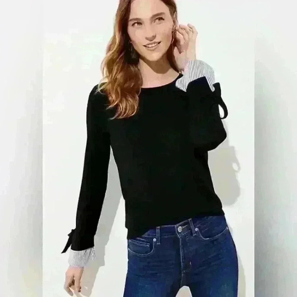 LOFT Tie Cuff Mixed Media Sweater Size XS Black Blue Long Sleeve Pullover  Top - Picture 3 of 10